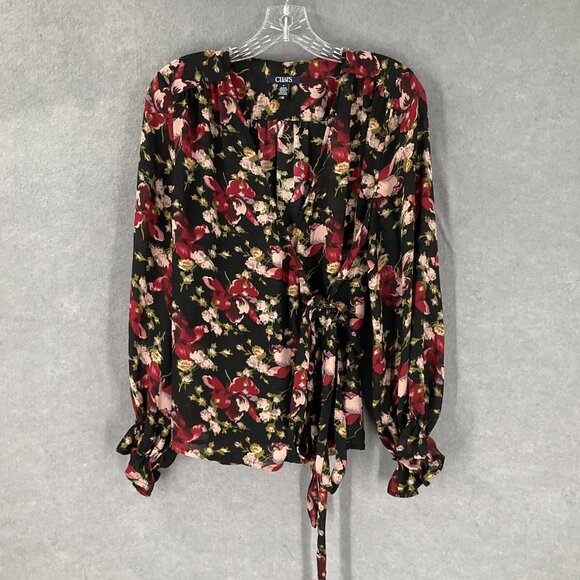 Chaps Top Womens Sz M Dark Floral‎ Bell Sleeve Wrap Romanic Feminine Office - Picture 1 of 12